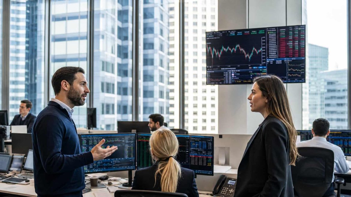 Professionnels de la finance échangeant dans une salle de marché moderne pour préparer leur stratégie d’investissement en 2027.